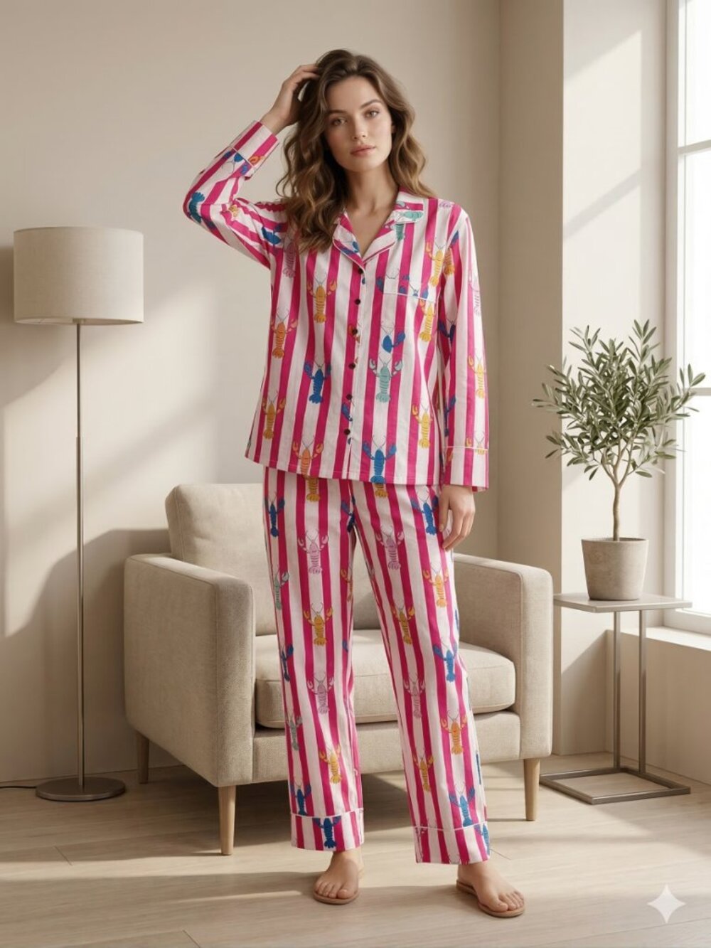 Lobster Block Printed Cotton Pajama set for Women, Breathable Summer Nightwear
